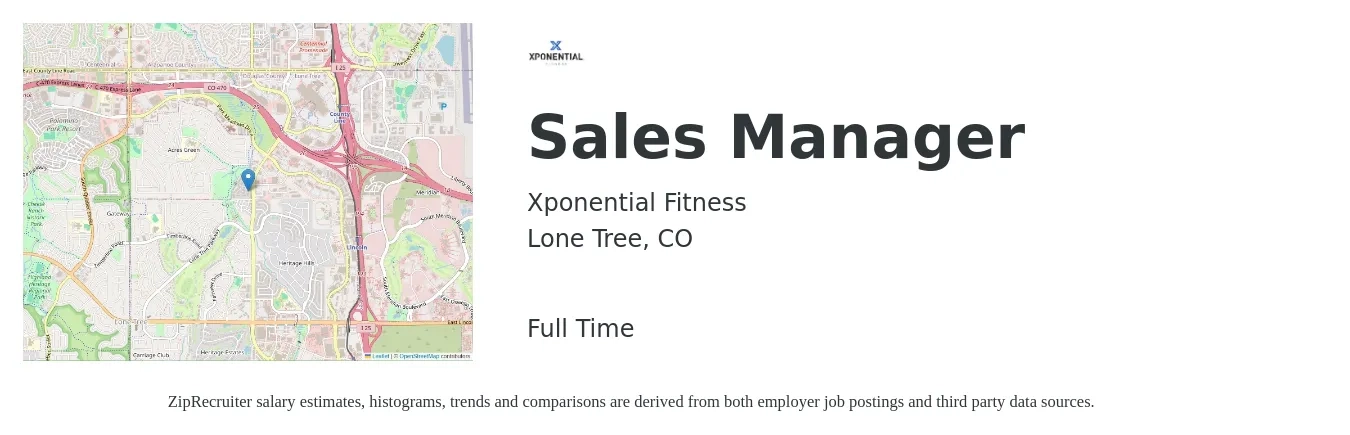 Xponential Fitness job posting for a Sales Manager in Lone Tree, CO with a salary of $46,000 to $98,700 Yearly with a map of Lone Tree location.