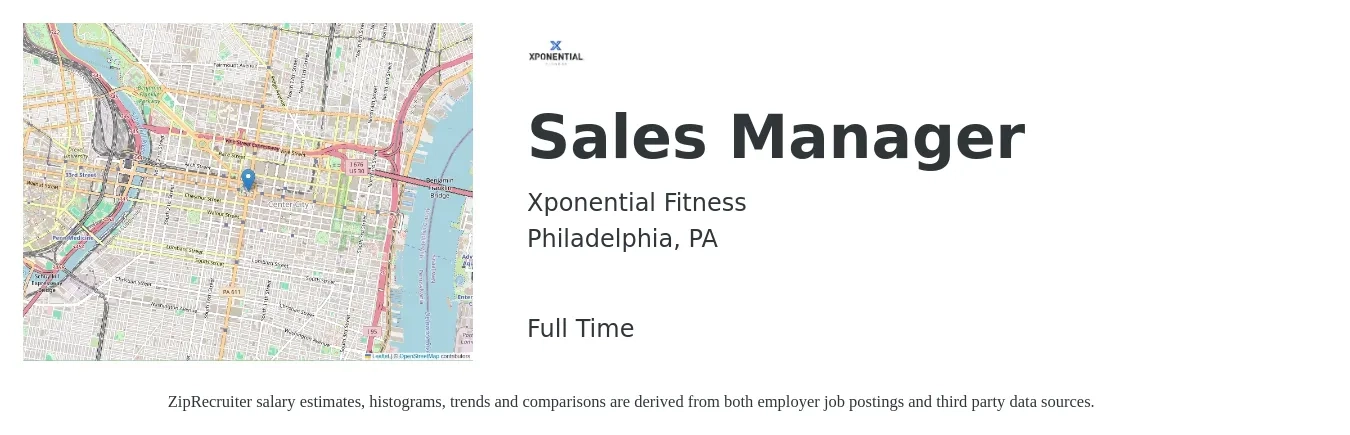 Xponential Fitness job posting for a Sales Manager in Philadelphia, PA with a salary of $45,400 to $97,400 Yearly with a map of Philadelphia location.
