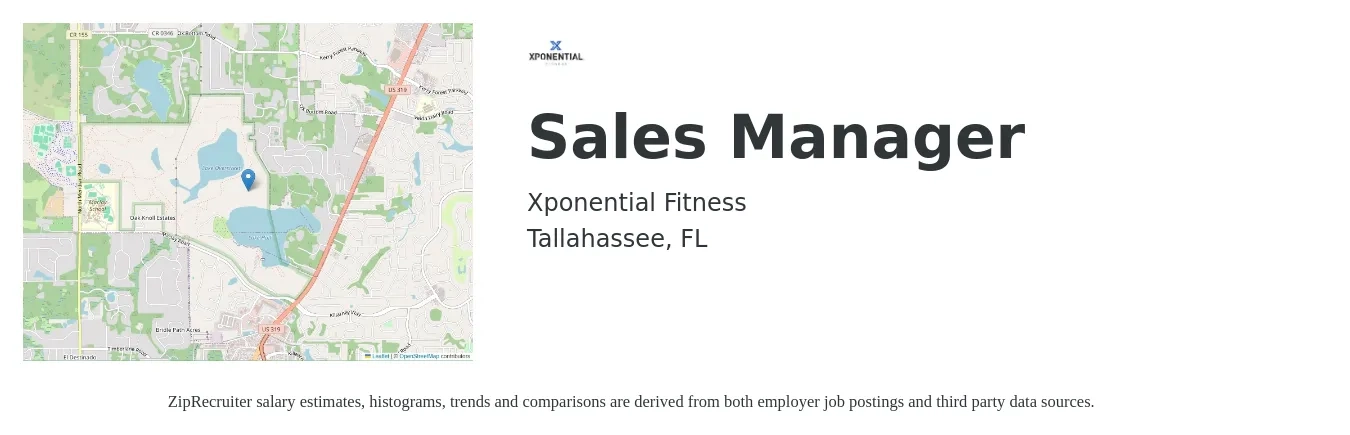 Xponential Fitness job posting for a Sales Manager in Tallahassee, FL with a salary of $42,700 to $91,700 Yearly with a map of Tallahassee location.