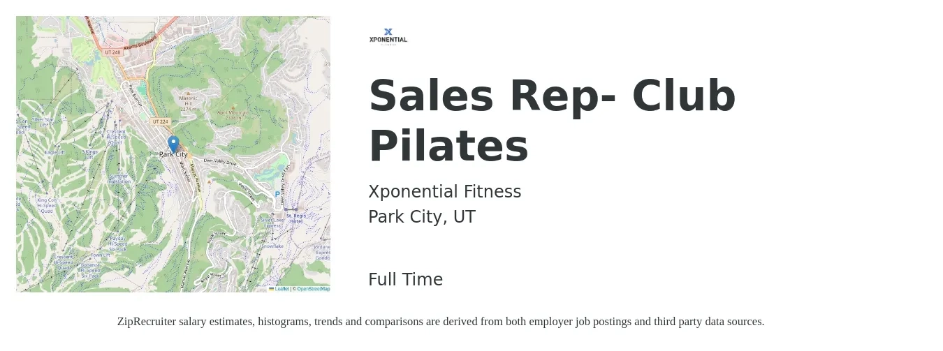 Xponential Fitness job posting for a Sales Rep- Club Pilates in Park City, UT with a salary of $56,000 to $97,300 Yearly with a map of Park City location.
