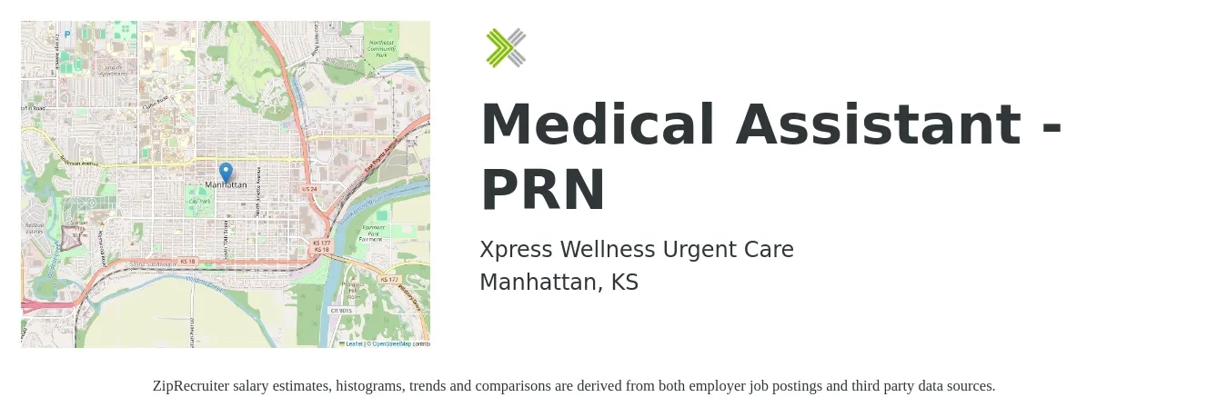 Xpress Wellness Urgent Care job posting for a Medical Assistant - PRN in Manhattan, KS with a salary of $15 to $19 Hourly with a map of Manhattan location.