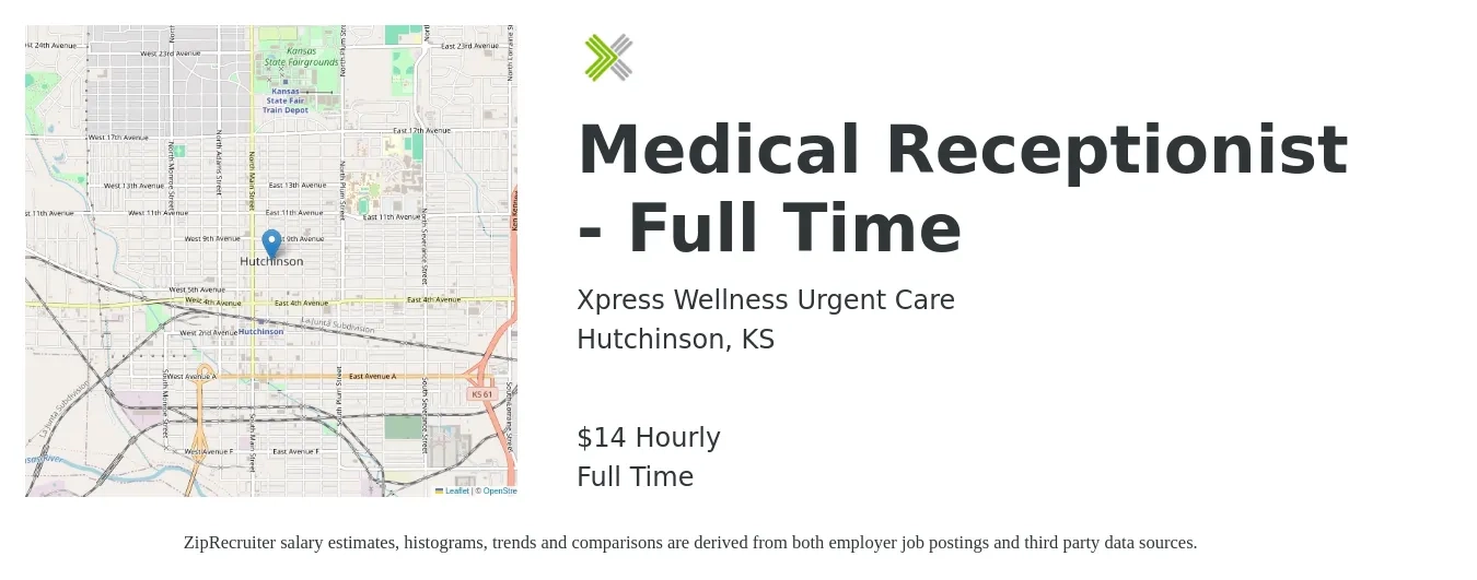 Xpress Wellness Urgent Care job posting for a Medical Receptionist - Full Time in Hutchinson, KS with a salary of $15 Hourly with a map of Hutchinson location.