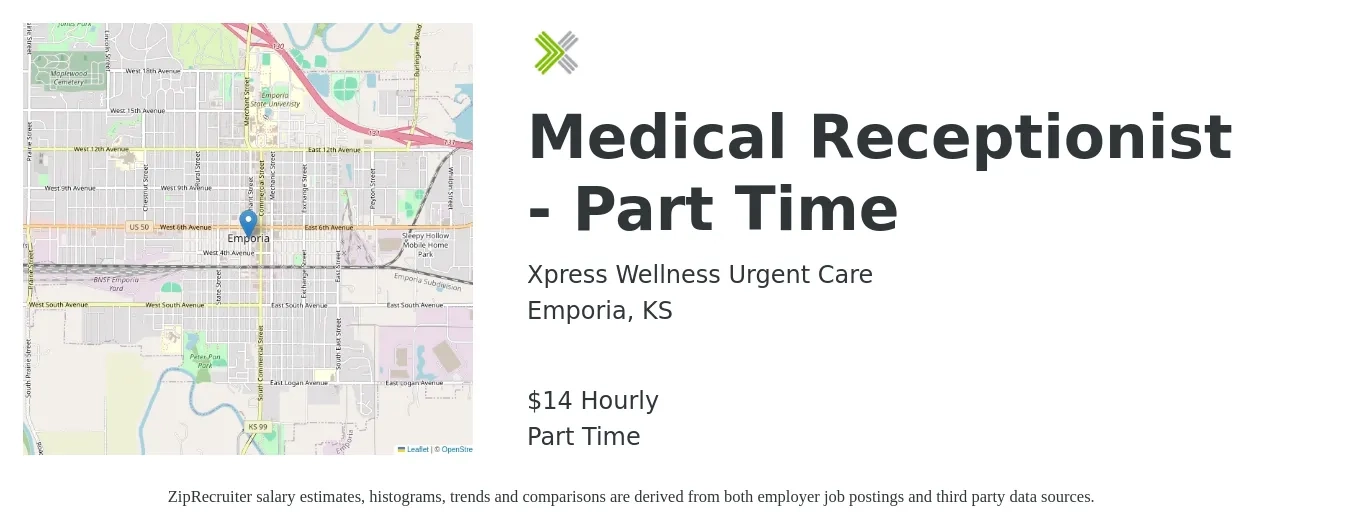 Xpress Wellness Urgent Care job posting for a Medical Receptionist - Part Time in Emporia, KS with a salary of $15 Hourly with a map of Emporia location.