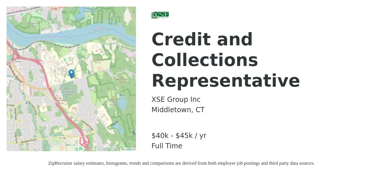 XSE Group Inc job posting for a Credit and Collections Representative in Middletown, CT with a salary of $40,000 to $45,000 Yearly with a map of Middletown location.