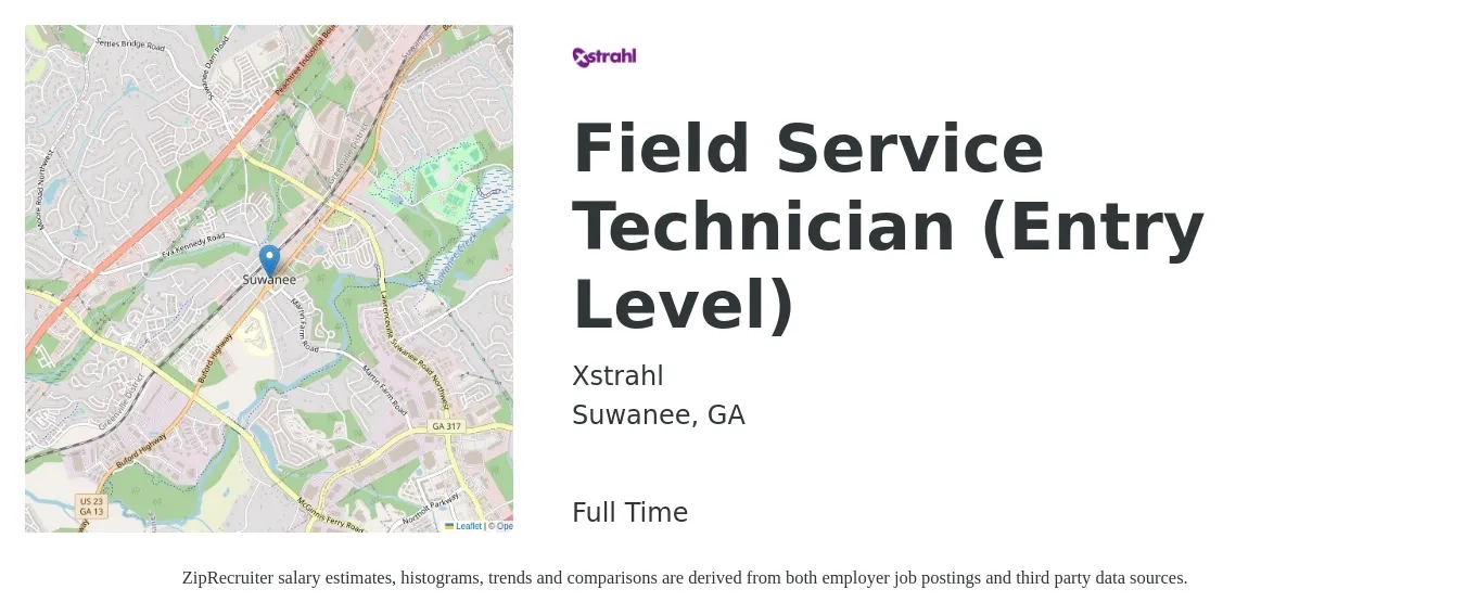 Xstrahl job posting for a Field Service Technician (Entry Level) in Suwanee, GA with a salary of $18 to $28 Hourly with a map of Suwanee location.