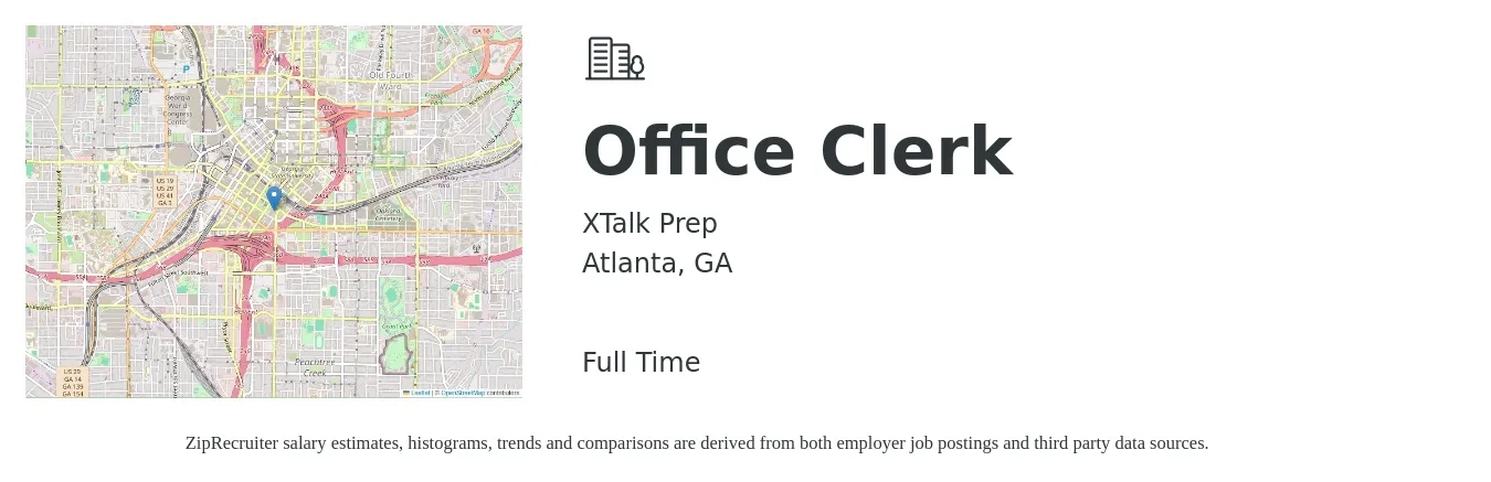 XTalk Prep job posting for a Office Clerk in Atlanta, GA with a salary of $15 to $19 Hourly with a map of Atlanta location.