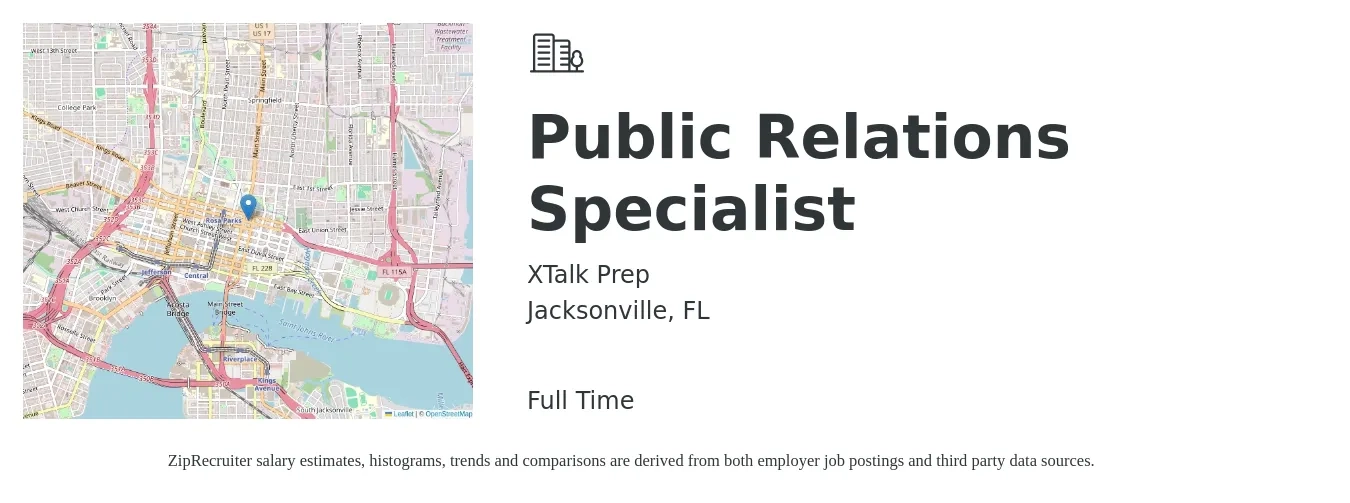 XTalk Prep job posting for a Public Relations Specialist in Jacksonville, FL with a salary of $48,200 to $68,600 Yearly with a map of Jacksonville location.