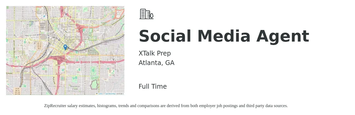 XTalk Prep job posting for a Social Media Agent in Atlanta, GA with a salary of $40,400 to $59,600 Yearly with a map of Atlanta location.