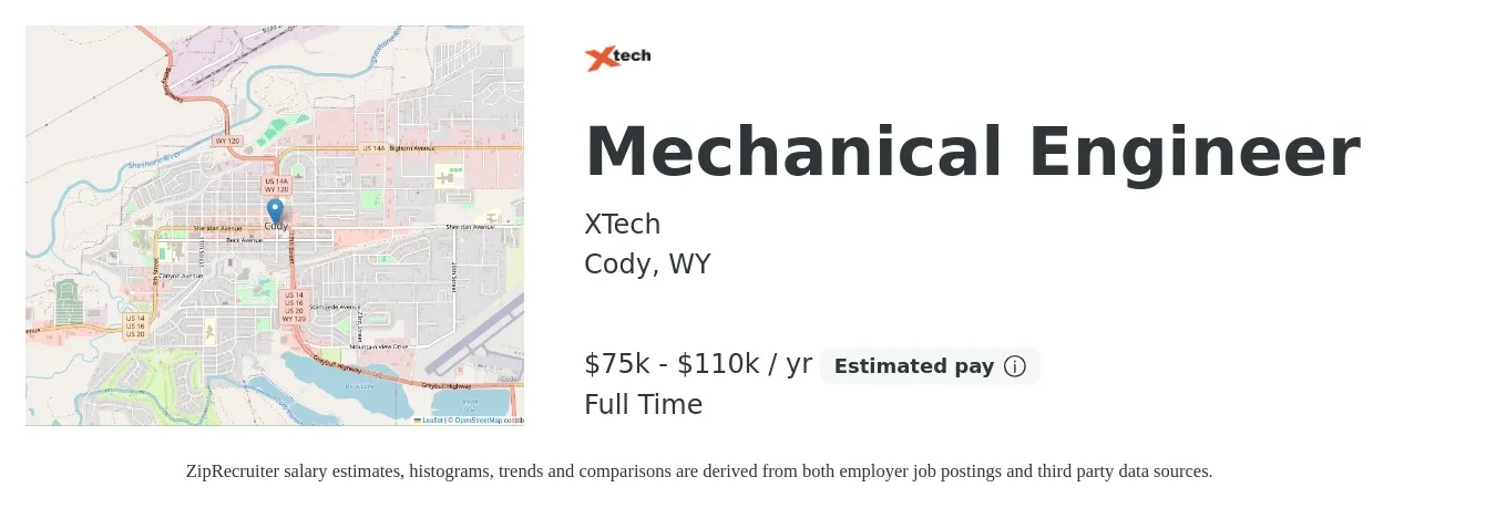 XTech job posting for a Mechanical Engineer in Cody, WY with a salary of $75,000 to $110,000 Yearly and benefits including pto with a map of Cody location.