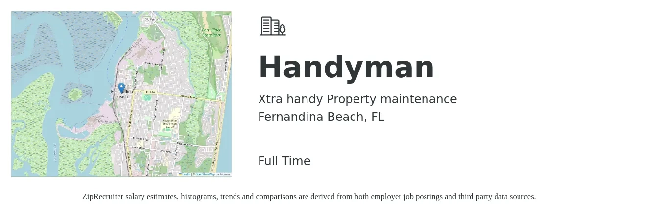 Xtra handy Property maintenance job posting for a Handyman in Fernandina Beach, FL with a salary of $8,000 to $10,000 Monthly with a map of Fernandina Beach location.