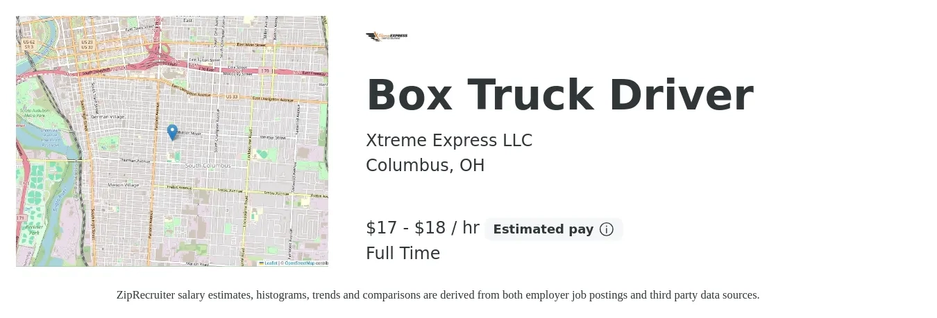 Xtreme Express LLC job posting for a Box Truck Driver in Columbus, OH with a salary of $18 to $19 Hourly with a map of Columbus location.