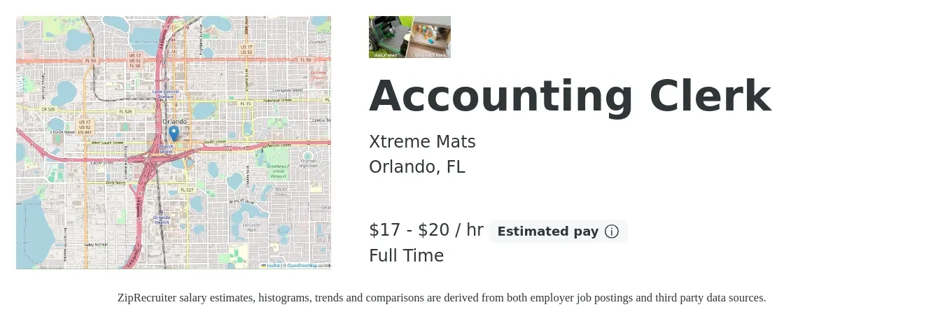 Xtreme Mats job posting for a Accounting Clerk in Orlando, FL with a salary of $18 to $21 Hourly with a map of Orlando location.