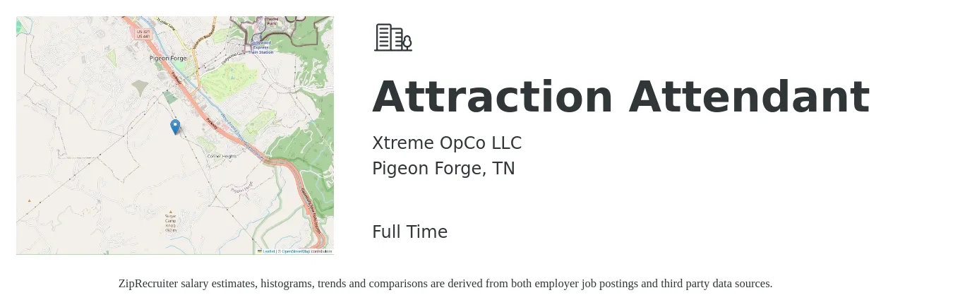 Xtreme OpCo LLC job posting for a Attraction Attendant in Pigeon Forge, TN with a salary of $11 to $15 Hourly with a map of Pigeon Forge location.
