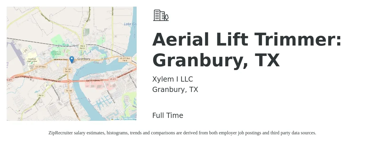 Xylem I LLC job posting for a Aerial Lift Trimmer: Granbury, TX in Granbury, TX with a salary of $15 to $29 Hourly with a map of Granbury location.