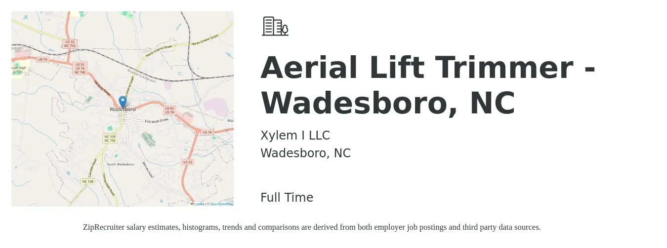 Xylem I LLC job posting for a Aerial Lift Trimmer - Wadesboro, NC in Wadesboro, NC with a salary of $17 to $32 Hourly with a map of Wadesboro location.