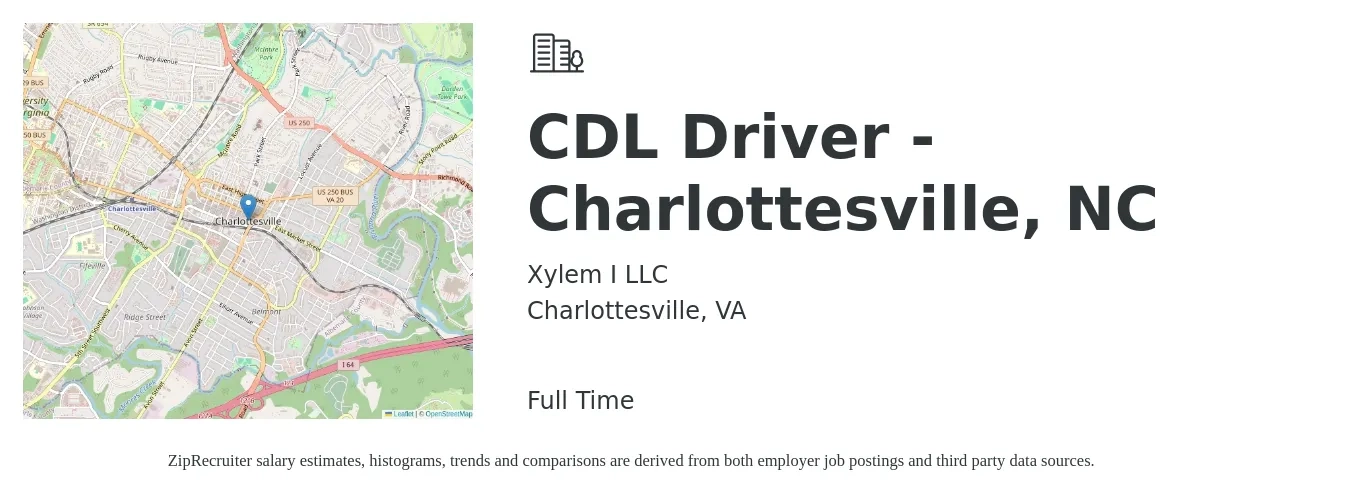 Xylem I LLC job posting for a CDL Driver - Charlottesville, NC in Charlottesville, VA with a salary of $25 to $43 Hourly with a map of Charlottesville location.