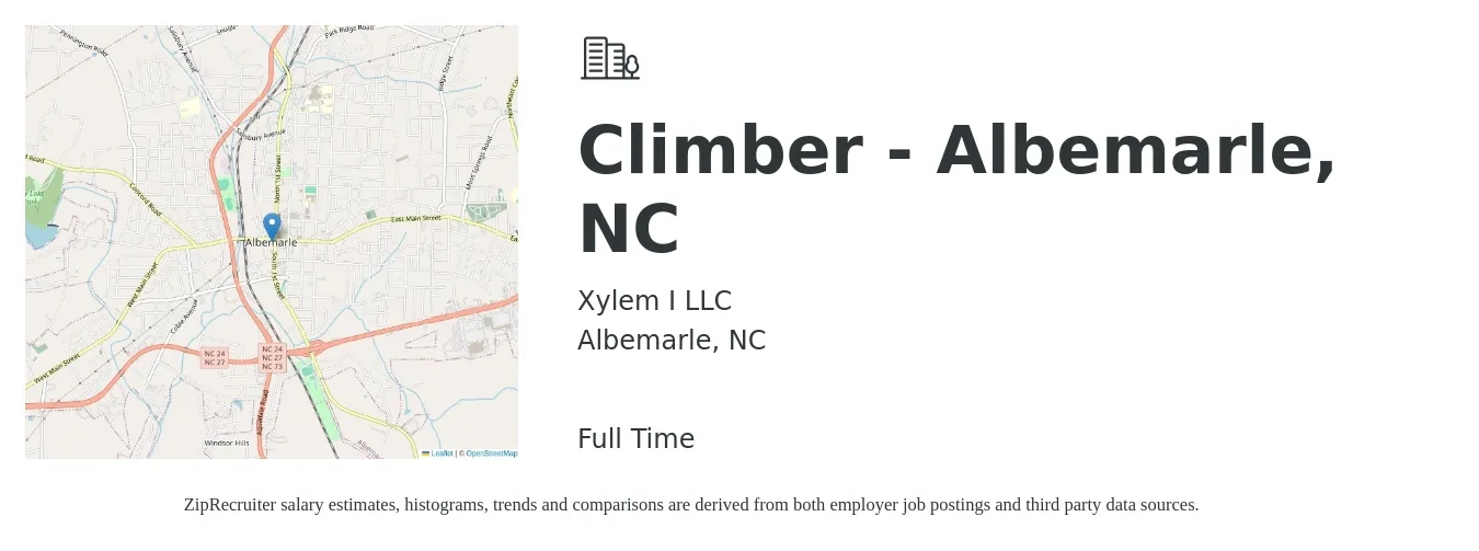 Xylem I LLC job posting for a Climber - Albemarle, NC in Albemarle, NC with a salary of $20 to $27 Hourly with a map of Albemarle location.