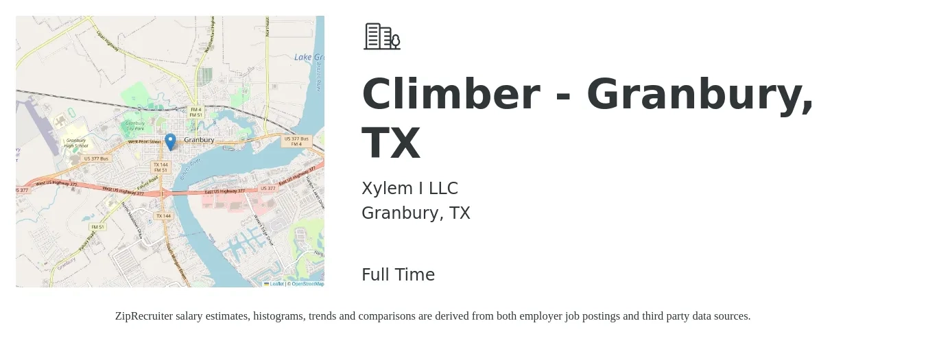 Xylem I LLC job posting for a Climber : Granbury, TX in Granbury, TX with a salary of $18 to $25 Hourly with a map of Granbury location.