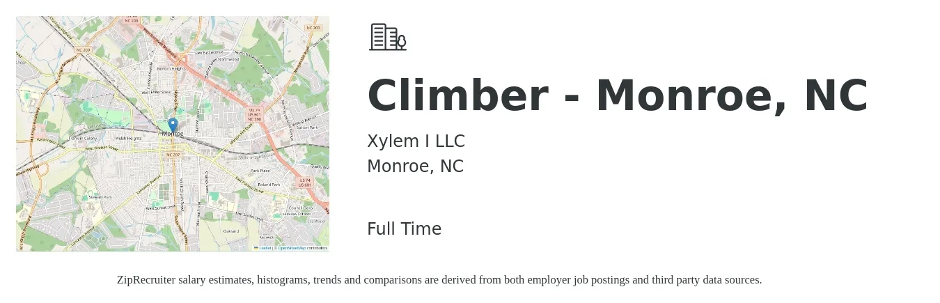 Xylem I LLC job posting for a Climber - Monroe, NC in Monroe, NC with a salary of $20 to $27 Hourly with a map of Monroe location.