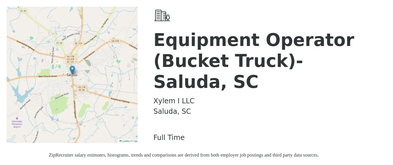 Xylem I LLC job posting for a Equipment Operator (Bucket Truck)- Saluda, SC in Saluda, SC with a salary of $16 to $22 Hourly with a map of Saluda location.