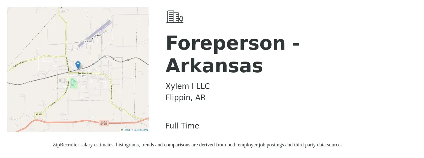 Xylem I LLC job posting for a Foreperson - Arkansas in Flippin, AR with a map of Flippin location.
