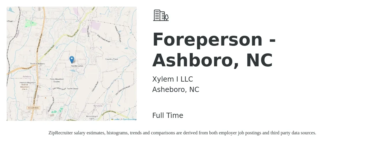 Xylem I LLC job posting for a Foreperson - Ashboro, NC in Asheboro, NC with a salary of $62,000 to $109,500 Yearly with a map of Asheboro location.