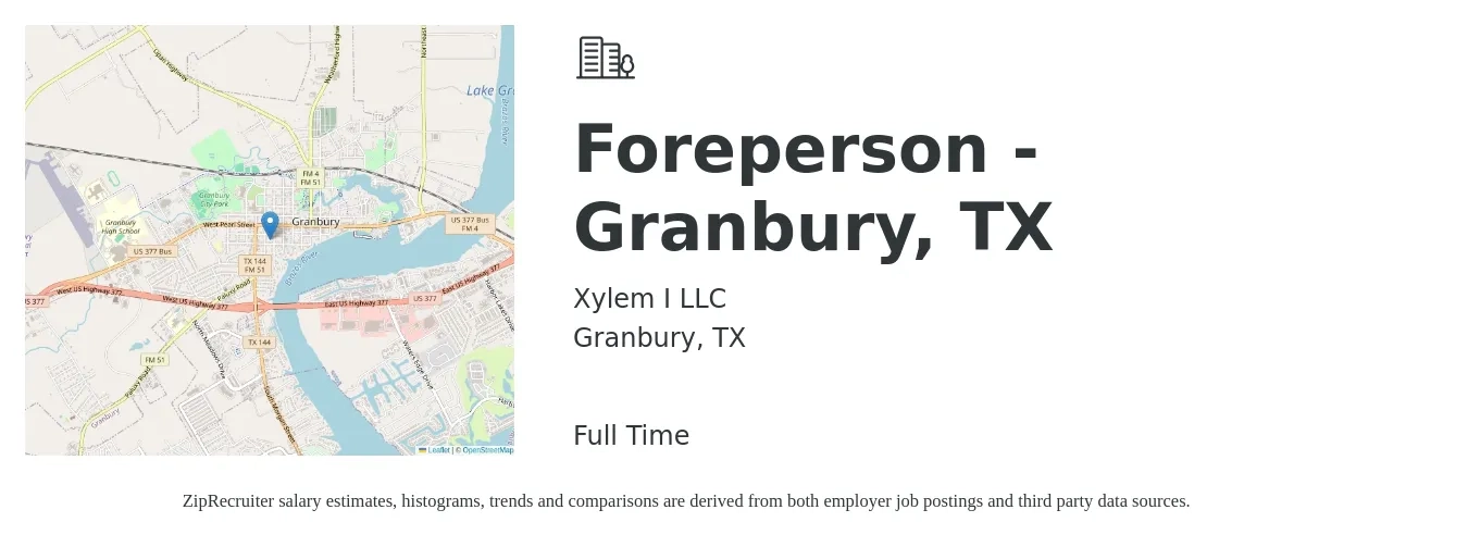 Xylem I LLC job posting for a Foreperson - Granbury, TX in Granbury, TX with a salary of $43,700 to $163,200 Yearly with a map of Granbury location.