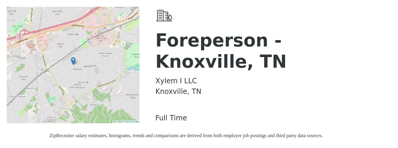 Xylem I LLC job posting for a Foreperson - Knoxville, TN in Knoxville, TN with a salary of $17 to $21 Hourly with a map of Knoxville location.