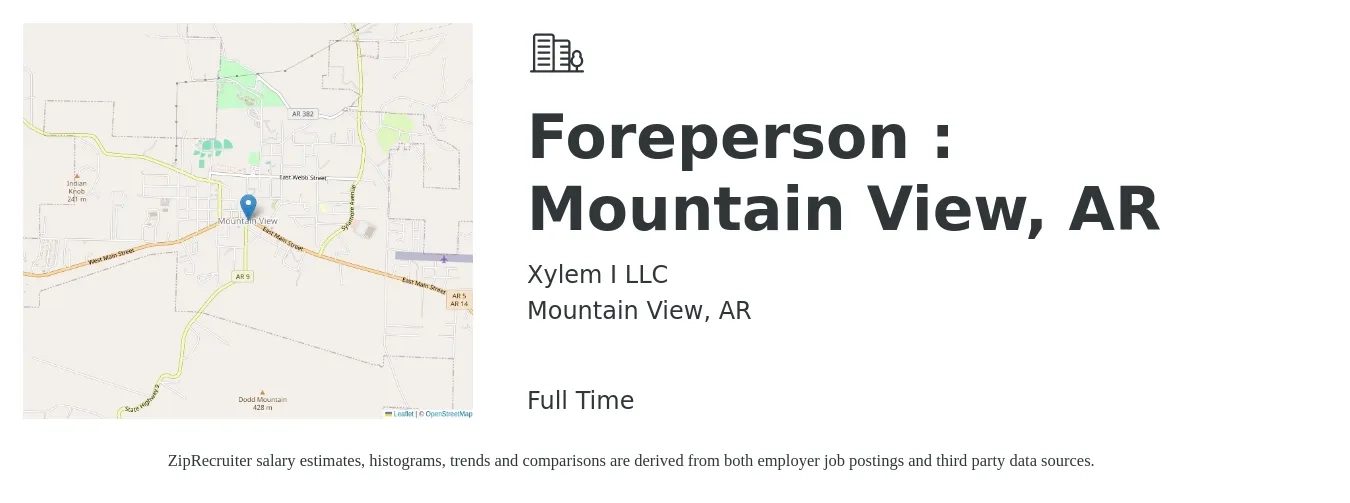 Xylem I LLC job posting for a Foreperson : Mountain View, AR in Mountain View, AR with a salary of $51,400 to $75,600 Yearly with a map of Mountain View location.