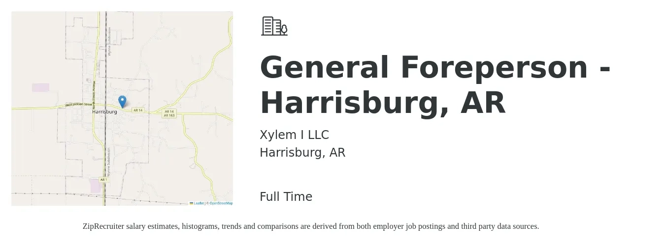 Xylem I LLC job posting for a General Foreperson - Harrisburg, AR in Harrisburg, AR with a salary of $16 to $41 Hourly with a map of Harrisburg location.