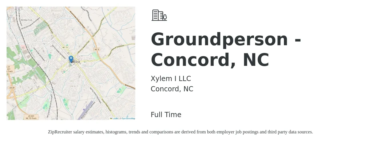 Xylem I LLC job posting for a Groundperson - Concord, NC in Concord, NC with a salary of $15 to $19 Hourly with a map of Concord location.