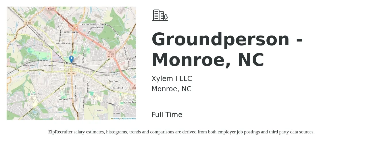 Xylem I LLC job posting for a Groundperson - Monroe, NC in Monroe, NC with a salary of $20 to $27 Hourly with a map of Monroe location.