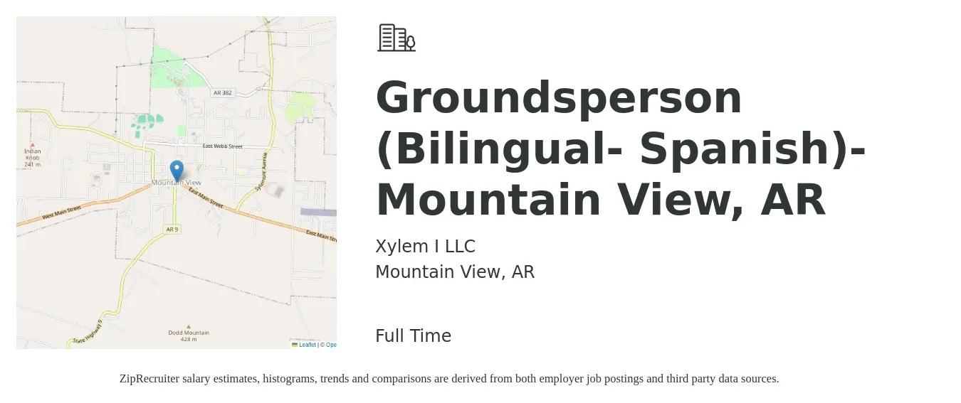 Xylem I LLC job posting for a Groundsperson (Bilingual- Spanish)- Mountain View, AR in Mountain View, AR with a salary of $15 to $20 Hourly with a map of Mountain View location.