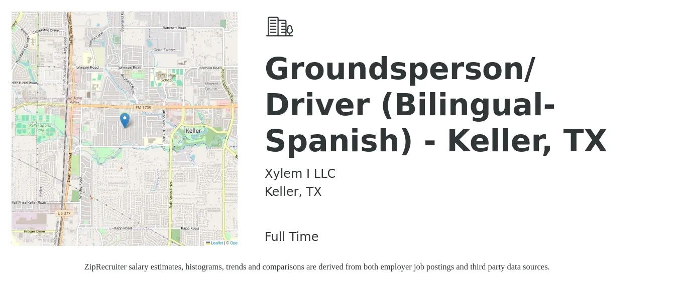 Xylem I LLC job posting for a Groundsperson/ Driver (Bilingual- Spanish) - Keller, TX in Keller, TX with a salary of $23 to $39 Hourly with a map of Keller location.