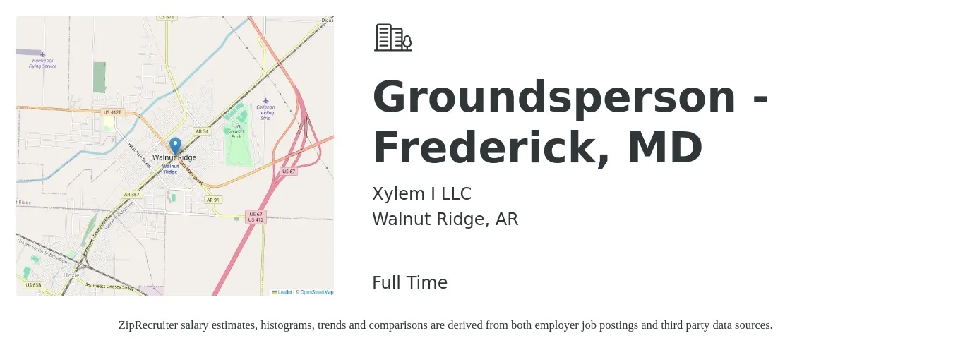 Xylem I LLC job posting for a Groundsperson - Frederick, MD in Walnut Ridge, AR with a salary of $14 to $18 Hourly with a map of Walnut Ridge location.