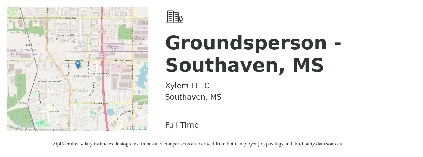 Xylem I LLC job posting for a Groundsperson - Southaven, MS in Southaven, MS with a salary of $14 to $18 Hourly with a map of Southaven location.