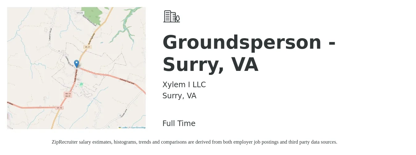 Xylem I LLC job posting for a Groundsperson - Surry, VA in Surry, VA with a salary of $22 to $28 Hourly with a map of Surry location.
