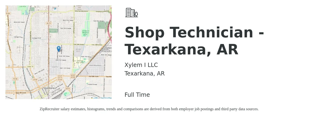 Xylem I LLC job posting for a Shop Technician - Texarkana, AR in Texarkana, AR with a salary of $18 to $28 Hourly with a map of Texarkana location.