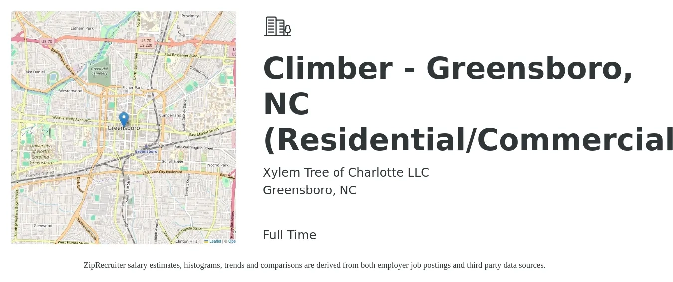 Xylem Tree of Charlotte LLC job posting for a Climber - Greensboro, NC (Residential/Commercial) in Greensboro, NC with a salary of $20 to $28 Hourly with a map of Greensboro location.