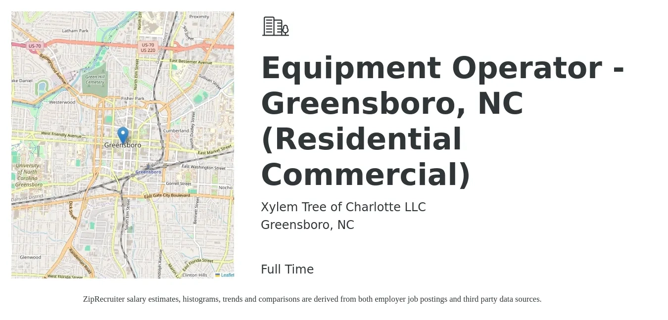 Xylem Tree of Charlotte LLC job posting for a Equipment Operator - Greensboro, NC (Residential Commercial) in Greensboro, NC with a salary of $18 to $25 Hourly with a map of Greensboro location.