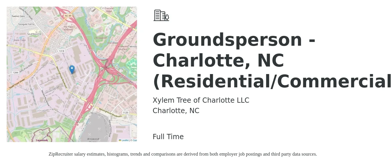 Xylem Tree of Charlotte LLC job posting for a Groundsperson - Charlotte, NC (Residential/Commercial) in Charlotte, NC with a salary of $15 to $19 Hourly with a map of Charlotte location.