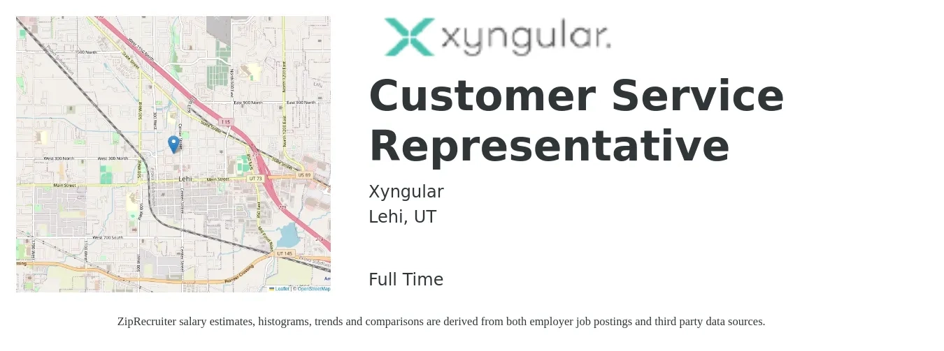 Xyngular job posting for a Customer Service Representative in Lehi, UT with a salary of $15 to $20 Hourly with a map of Lehi location.