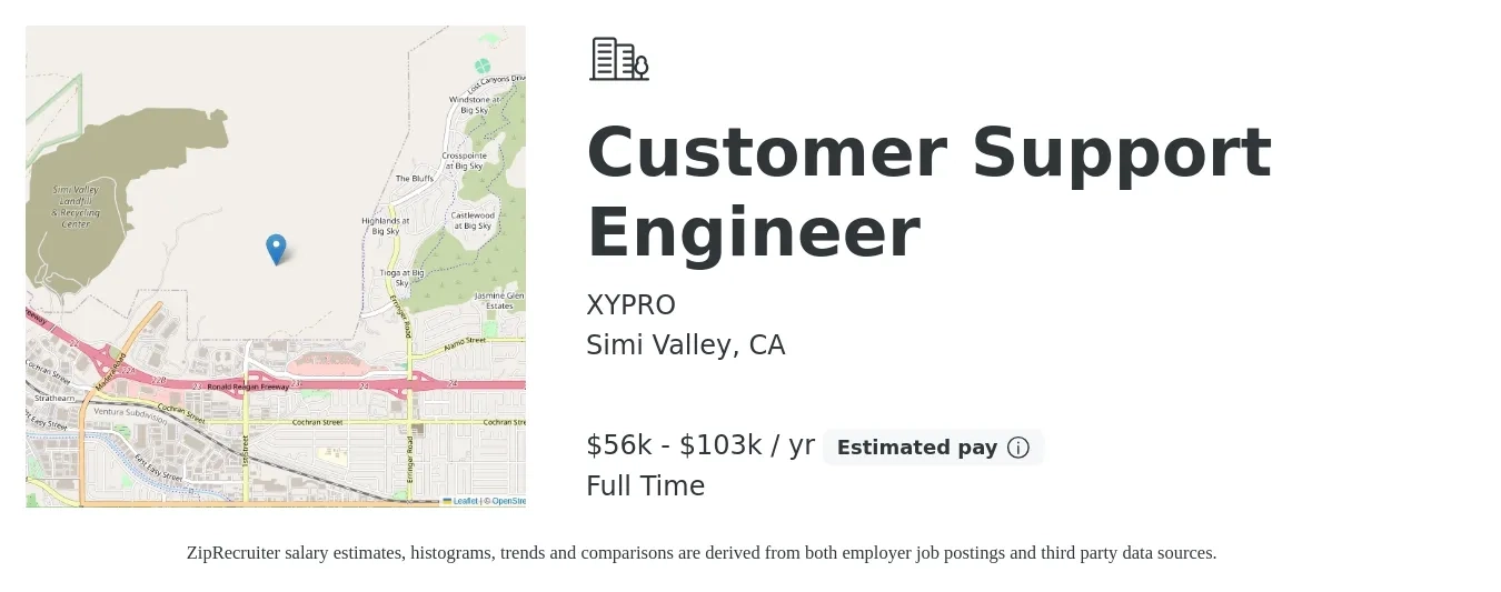 XYPRO job posting for a Customer Support Engineer in Simi Valley, CA with a salary of $56,400 to $103,000 Yearly with a map of Simi Valley location.