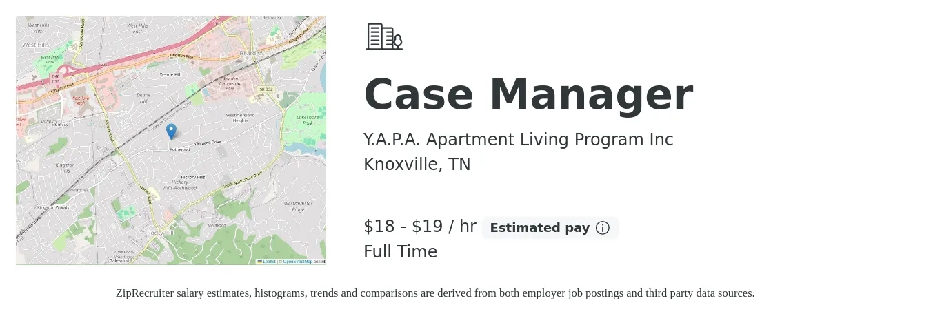 Y.A.P.A. Apartment Living Program Inc job posting for a Case Manager in Knoxville, TN with a salary of $19 to $20 Hourly with a map of Knoxville location.