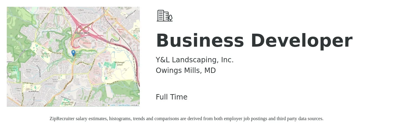 Y&L Landscaping, Inc. job posting for a Business Developer in Owings Mills, MD with a salary of $60,000 Yearly with a map of Owings Mills location.