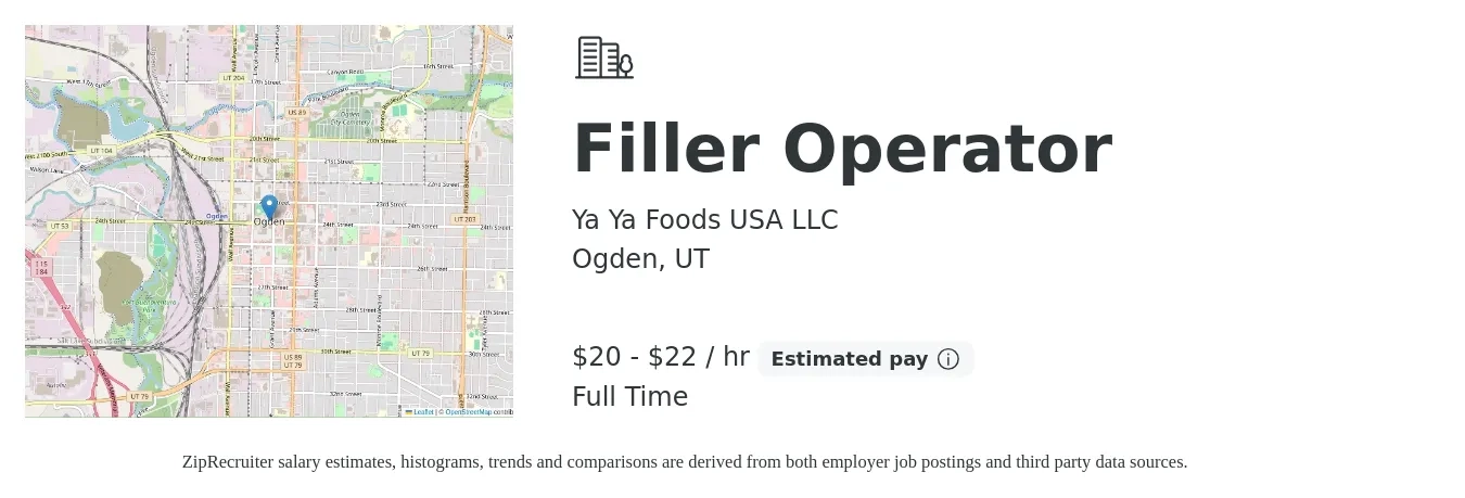 Ya Ya Foods USA LLC job posting for a Filler Operator in Ogden, UT with a salary of $21 to $23 Hourly with a map of Ogden location.