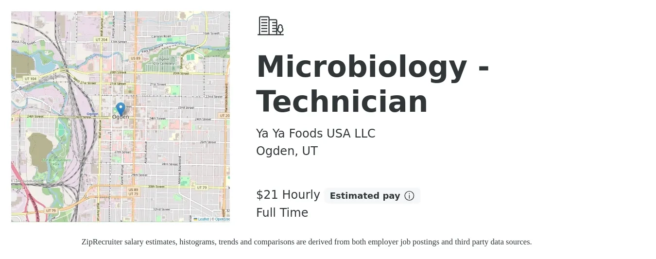 Ya Ya Foods USA LLC job posting for a Microbiology - Technician in Ogden, UT with a salary of $22 Hourly with a map of Ogden location.