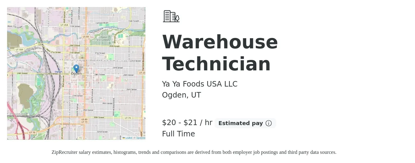 Ya Ya Foods USA LLC job posting for a Warehouse Technician in Ogden, UT with a salary of $21 to $22 Hourly with a map of Ogden location.