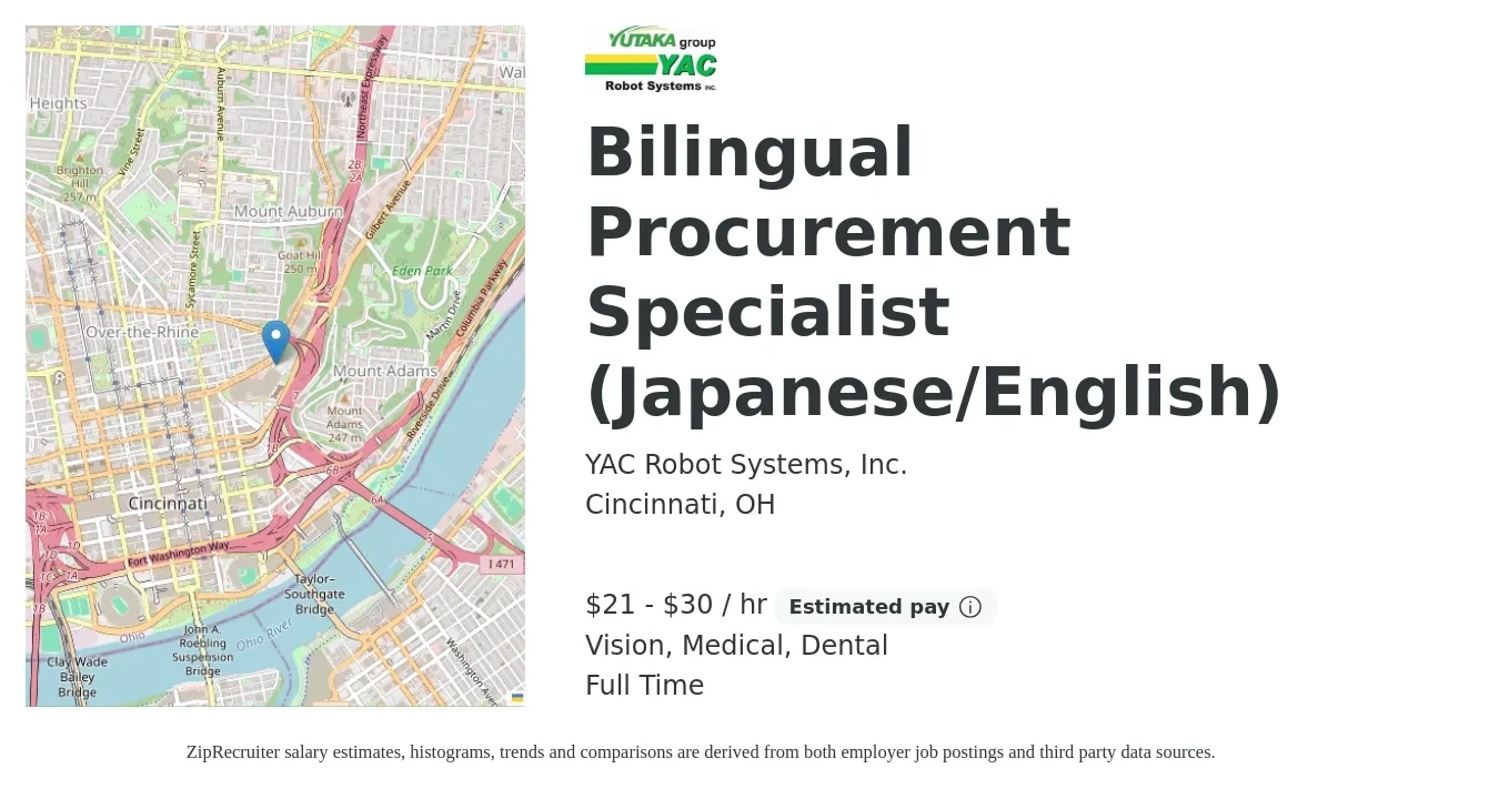 YAC Robot Systems, Inc. job posting for a Bilingual Procurement Specialist (Japanese/English) in Cincinnati, OH with a salary of $22 to $32 Hourly and benefits including vision, dental, life_insurance, medical, pto, and retirement with a map of Cincinnati location.