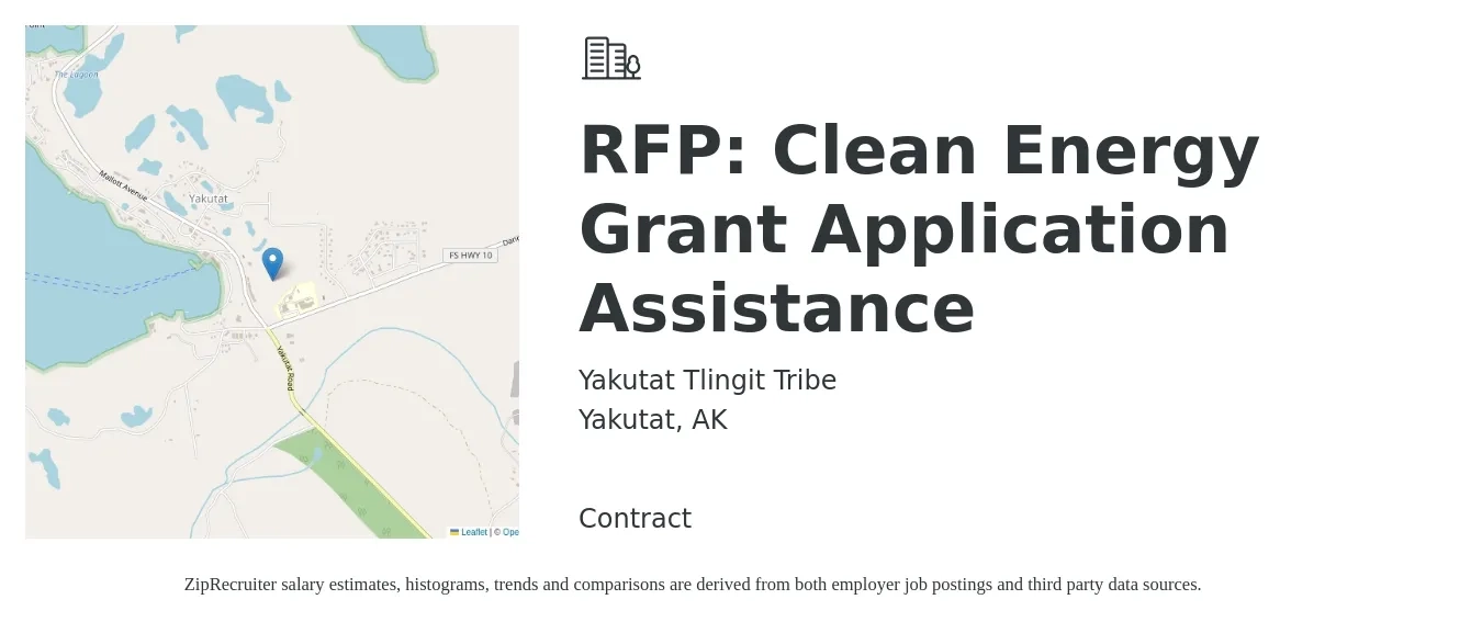 Yakutat Tlingit Tribe job posting for a RFP: Clean Energy Grant Application Assistance in Yakutat, AK with a salary of $54,700 to $77,300 Yearly with a map of Yakutat location.